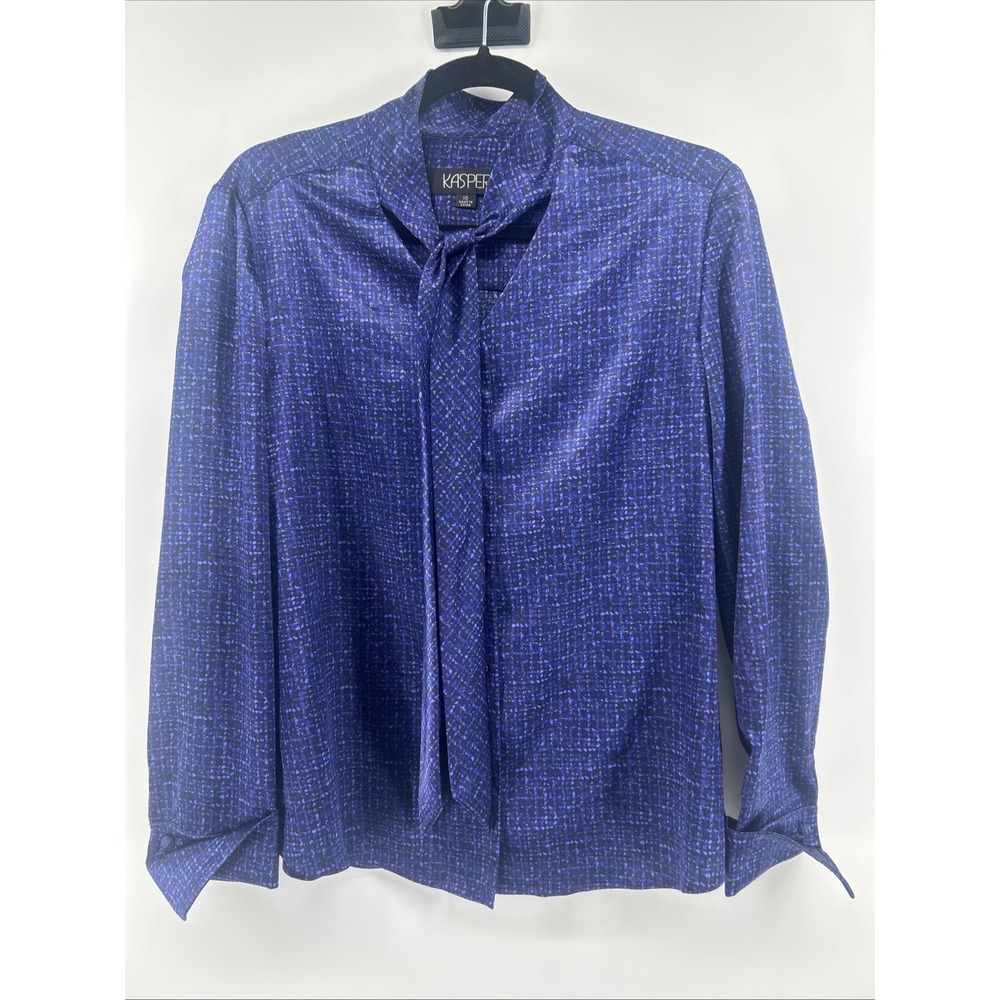 Kasper Size 10 Cobalt Blue Bow Neck Long Sleeve Blouse Chic Workwear